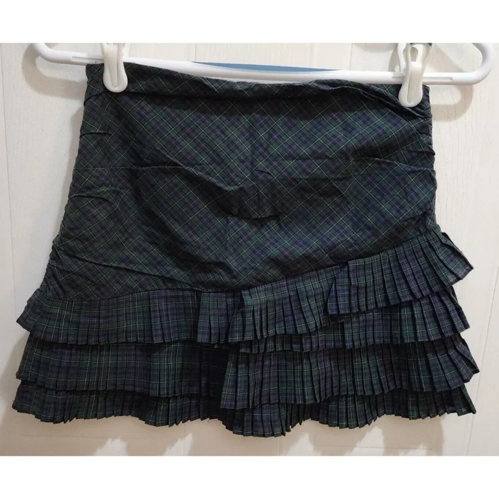 Ralph Lauren Girls Ruched Tiered Pleated Skirt‎ Side Zip Green Plaid 10 *Sample*